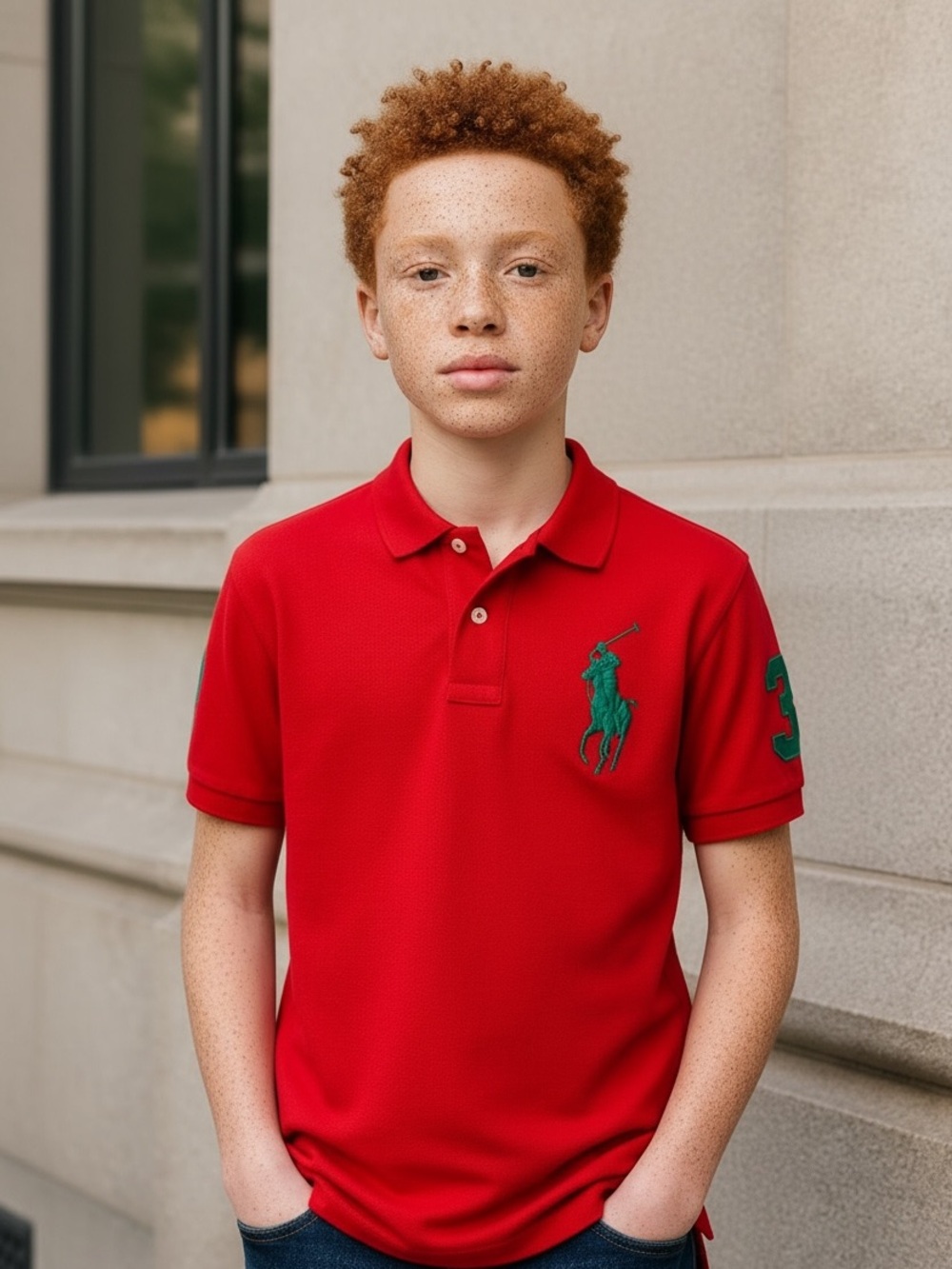 Ralph Lauren Boys Big Pony Polo in Orange with green big pony.
LG 14-16 EUC